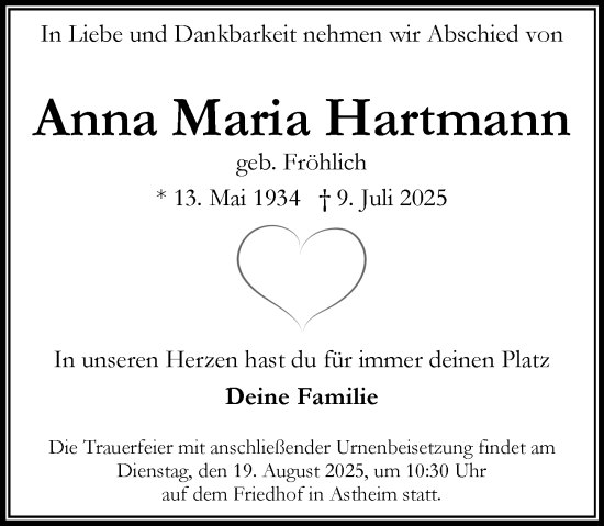 Traueranzeige von Anna Maria Hartmann von Rüsselsheimer Echo