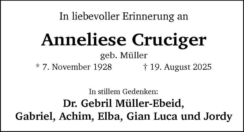  Traueranzeige für Anneliese Cruciger vom 23.08.2025 aus Rheingau Kurier