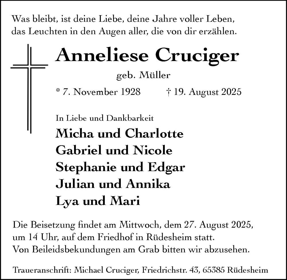  Traueranzeige für Anneliese Cruciger vom 23.08.2025 aus Rheingau Kurier