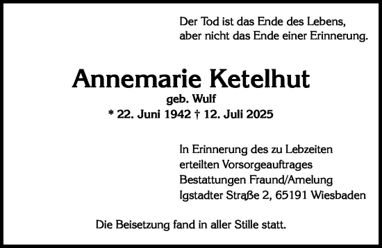 Traueranzeige von Annemarie Ketelhut von Wiesbadener Kurier
