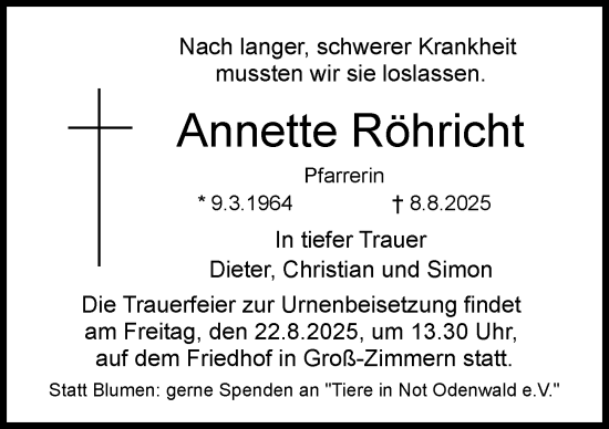 Traueranzeige von Annette Röhricht von Darmstädter Echo