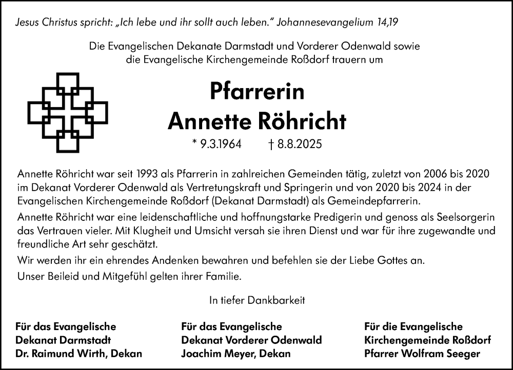  Traueranzeige für Annette Röhricht vom 16.08.2025 aus Darmstädter Echo