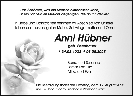 Traueranzeige von Anni Hübner von Odenwälder Echo