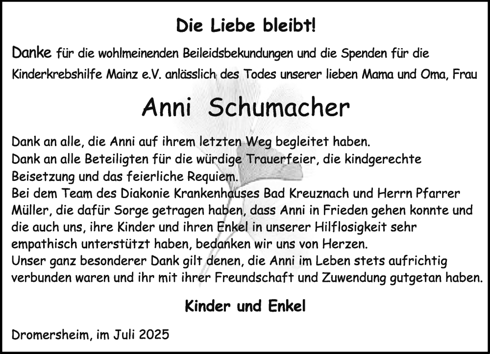  Traueranzeige für Anni Schuhmacher vom 02.08.2025 aus Binger-/Ingelheimer Wochenblatt