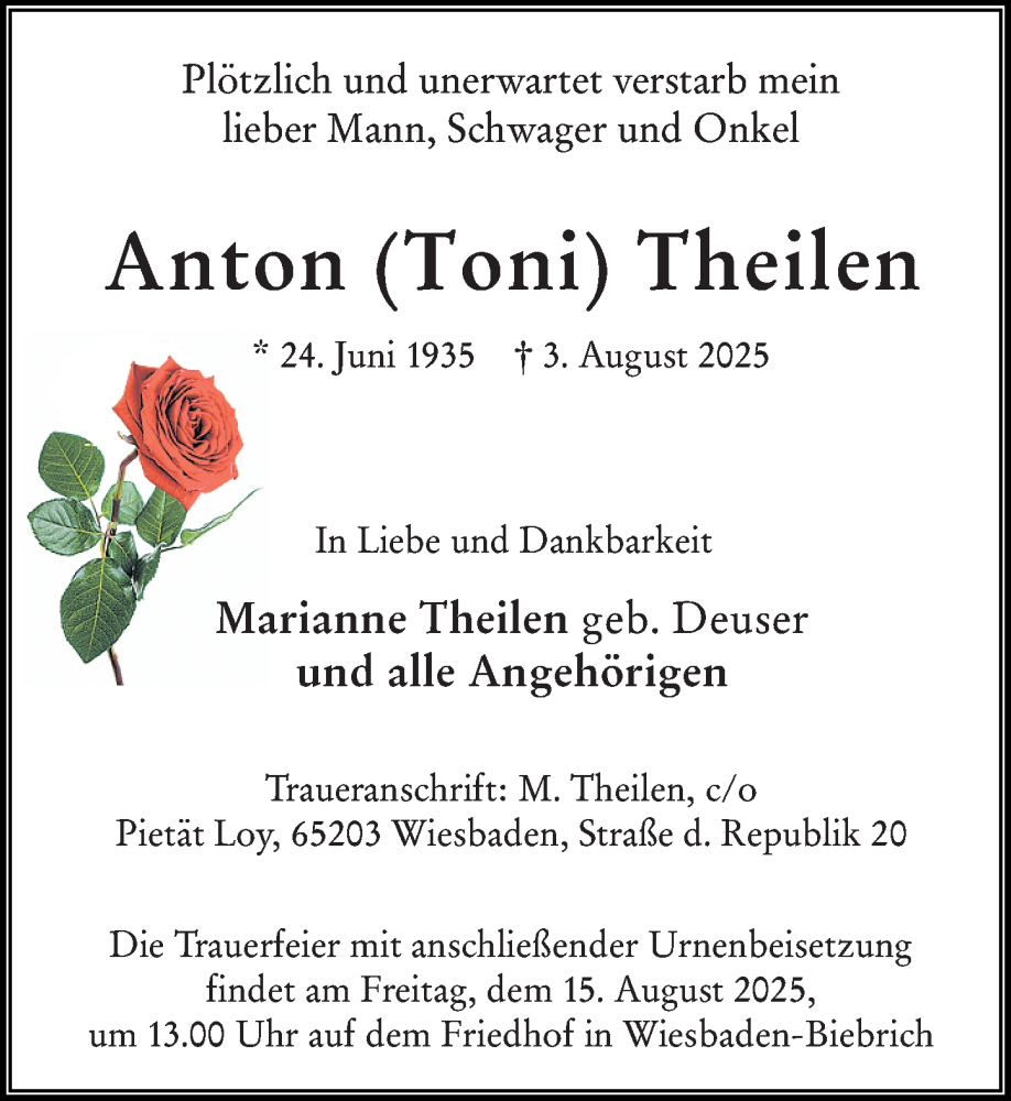  Traueranzeige für Anton Theilen vom 09.08.2025 aus Wiesbadener Kurier