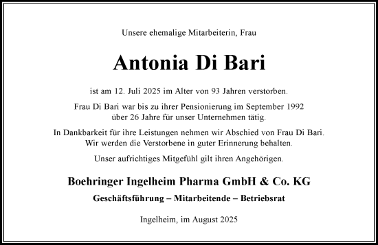 Traueranzeige von Antonia Di Bari von Allgemeine Zeitung Rheinhessen-Nahe