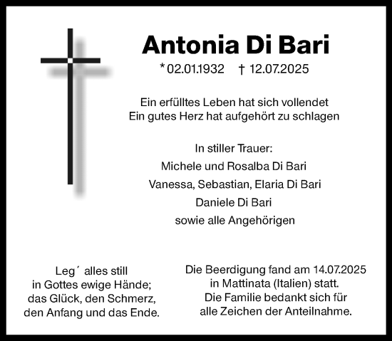 Traueranzeige von Antonia Di Bari von Allgemeine Zeitung Rheinhessen-Nahe