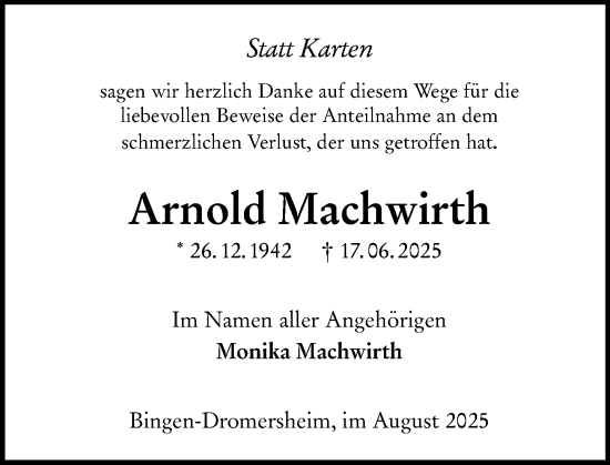 Traueranzeige von Arnold Machwirth von Binger-/Ingelheimer Wochenblatt