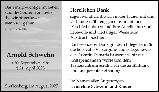 Traueranzeige von Arnold Schwehn von Hinterländer Anzeiger