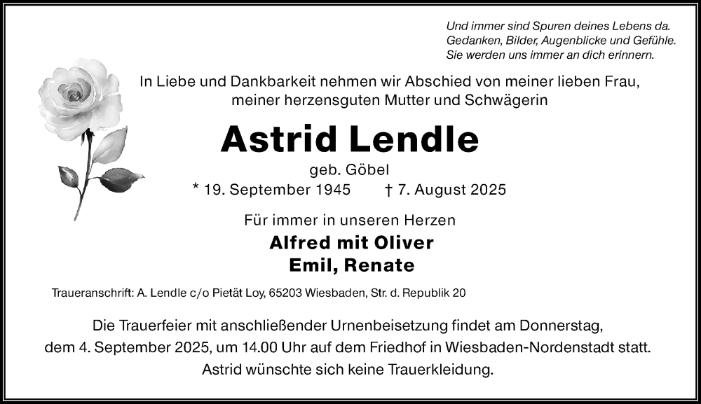  Traueranzeige für Astrid Lendle vom 23.08.2025 aus Wiesbadener Kurier
