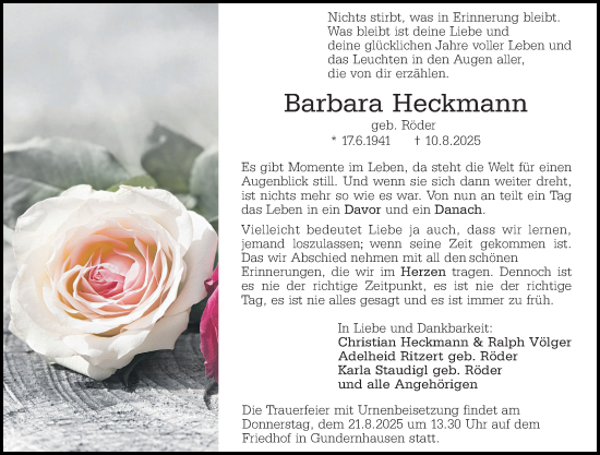 Traueranzeige von Barbara Heckmann von Darmstädter Echo