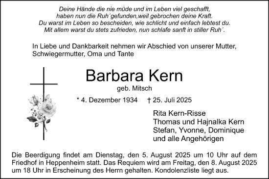 Traueranzeige von Barbara Kern von Starkenburger Echo