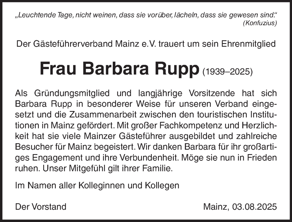  Traueranzeige für Barbara Rupp vom 09.08.2025 aus Allgemeine Zeitung Mainz