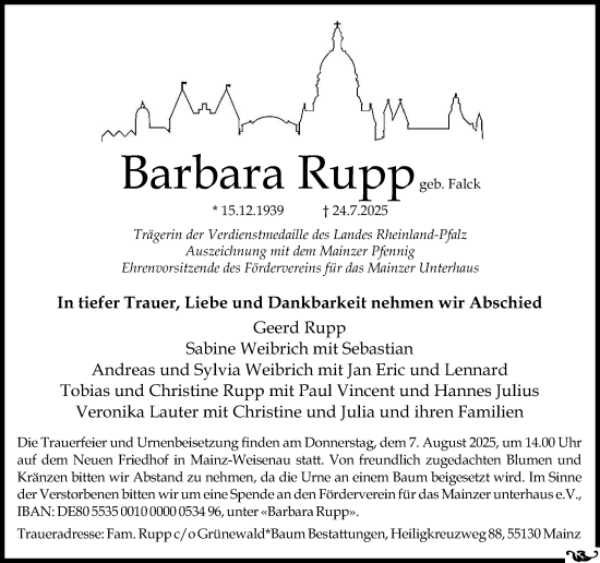 Traueranzeige von Barbara Rupp von Allgemeine Zeitung Mainz