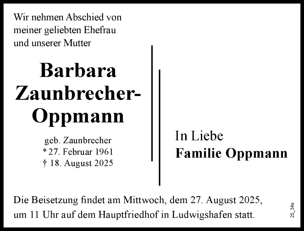  Traueranzeige für Barbara Zaunbrecher-Oppmann vom 23.08.2025 aus Wormser Zeitung