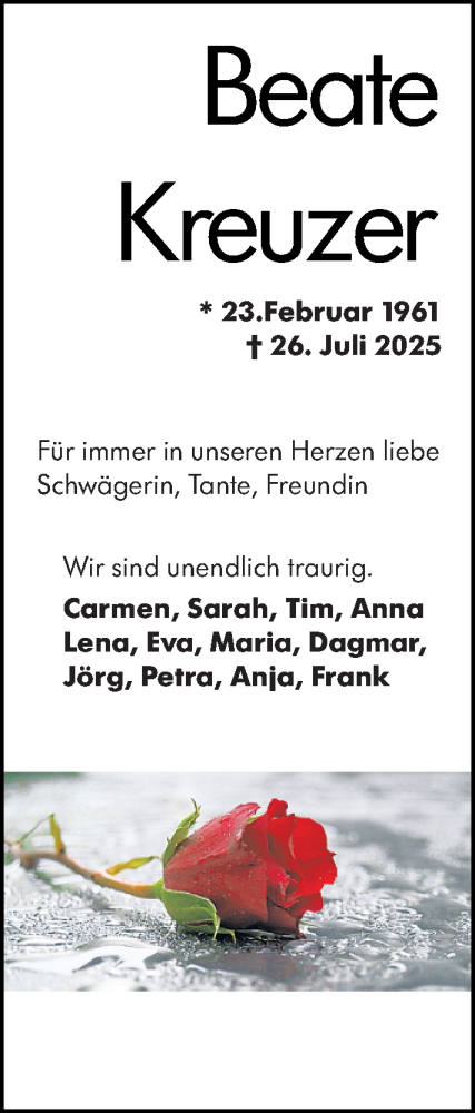 Traueranzeige von Beate Kreuzer von Rüsselsheimer Echo