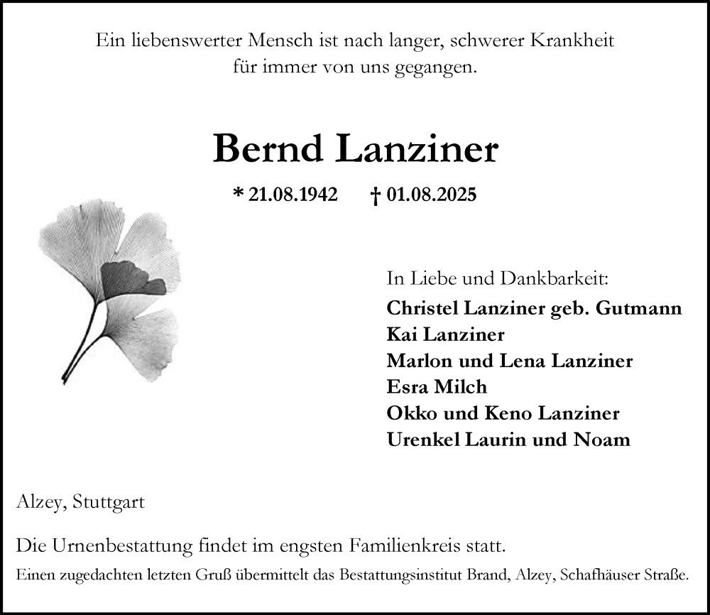  Traueranzeige für Bernd Lanziner vom 09.08.2025 aus Allgemeine Zeitung Alzey