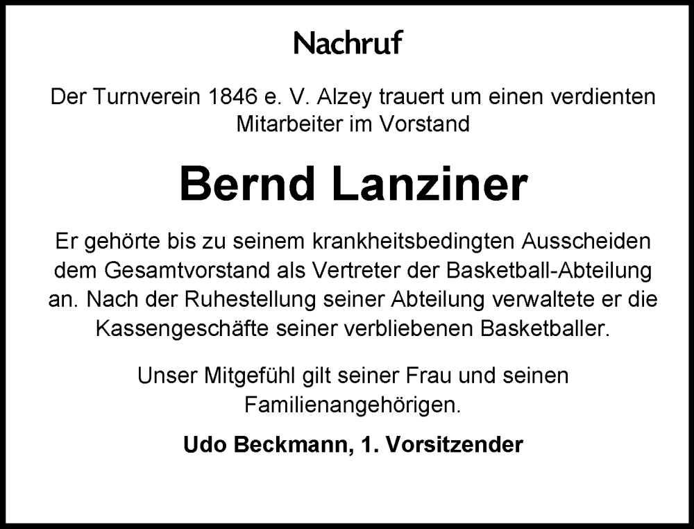  Traueranzeige für Bernd Lanziner vom 23.08.2025 aus Allgemeine Zeitung Alzey