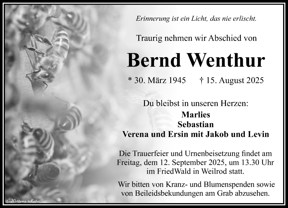  Traueranzeige für Bernd Wenthur vom 28.08.2025 aus Camberger Anzeiger