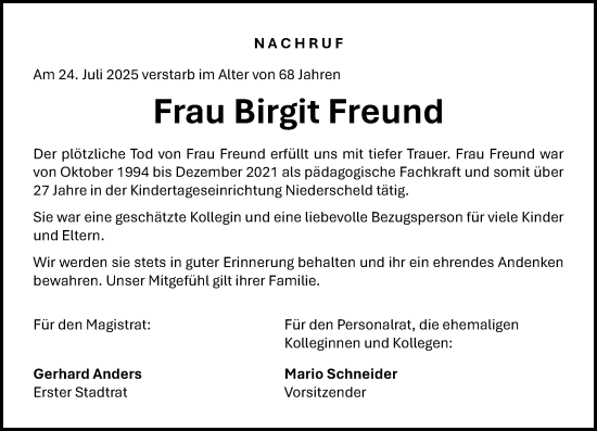 Traueranzeige von Birgit Freund von Dill Block