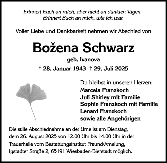 Traueranzeige von Bozena Schwarz von Wiesbadener Kurier
