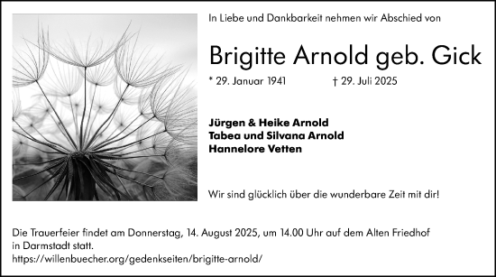 Traueranzeige von Brigitte Arnold von Darmstädter Echo