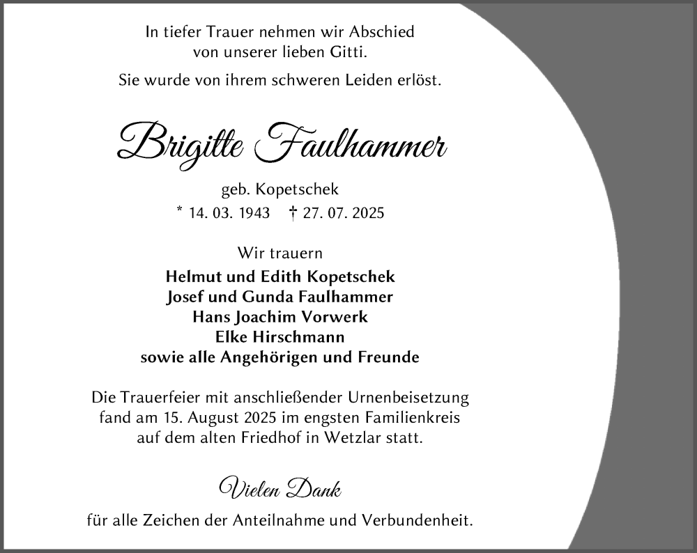  Traueranzeige für Brigitte Faulhammer vom 16.08.2025 aus Wetzlarer Neue Zeitung