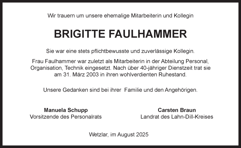  Traueranzeige für Brigitte Faulhammer vom 28.08.2025 aus Wetzlarer Neue Zeitung
