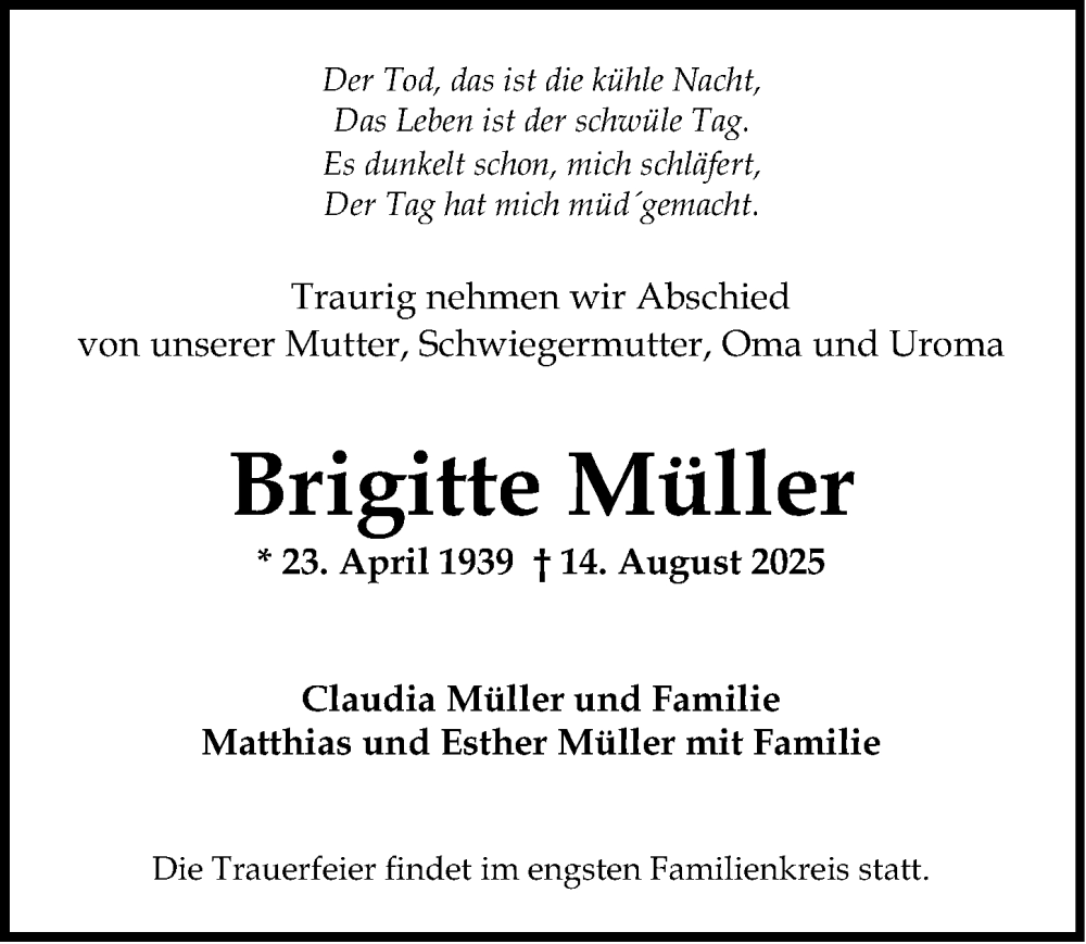  Traueranzeige für Brigitte Müller vom 23.08.2025 aus Wiesbadener Kurier