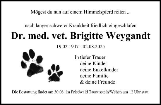 Traueranzeige von Brigitte Weygandt von Wiesbadener Kurier