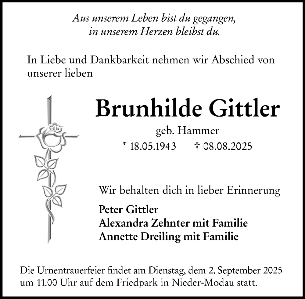  Traueranzeige für Brunhilde Gittler vom 23.08.2025 aus Darmstädter Echo