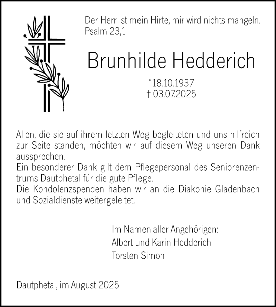 Traueranzeige von Brunhilde Hedderich von Hinterländer Anzeiger