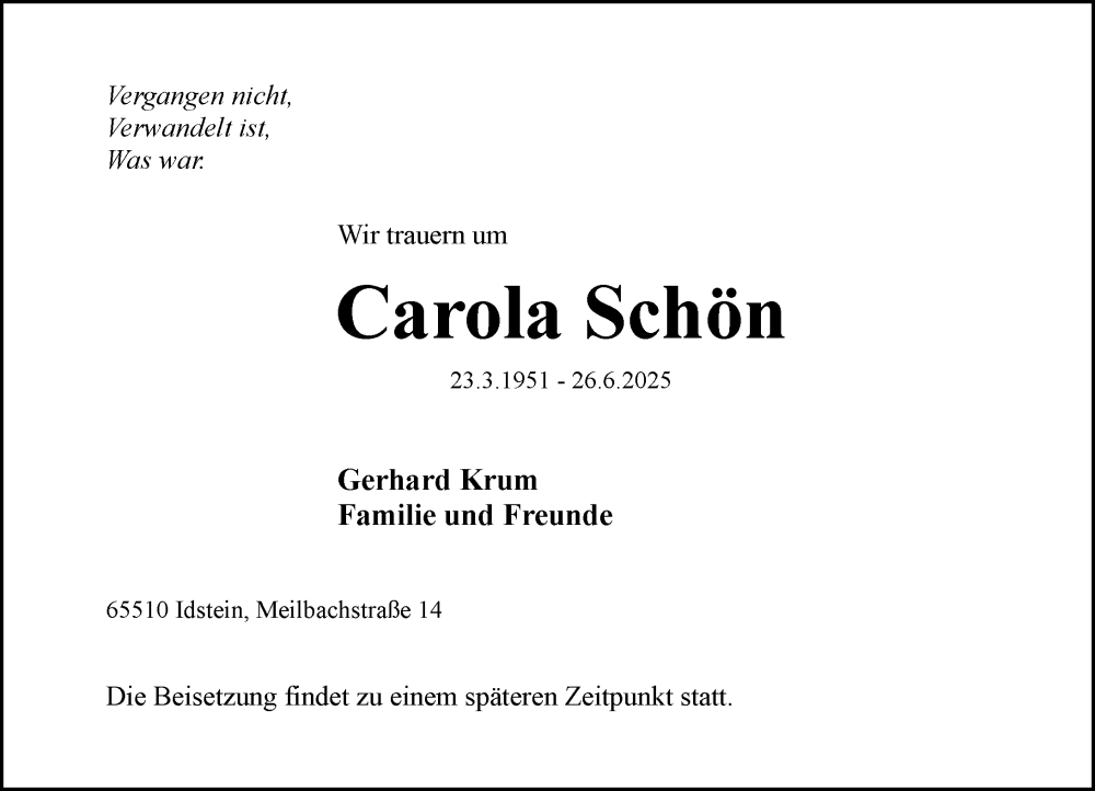  Traueranzeige für Carola Schön vom 02.08.2025 aus Wiesbadener Kurier