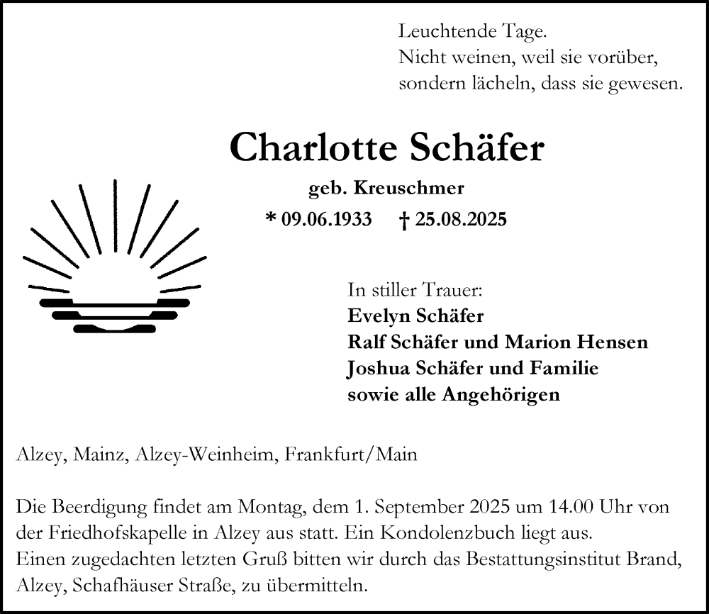  Traueranzeige für Charlotte Schäfer vom 27.08.2025 aus Allgemeine Zeitung Alzey