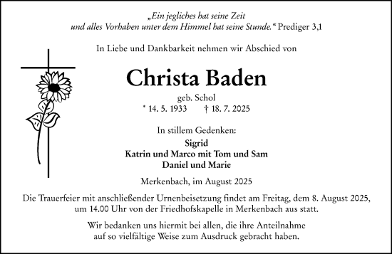 Traueranzeige von Christa Baden von Dill Block