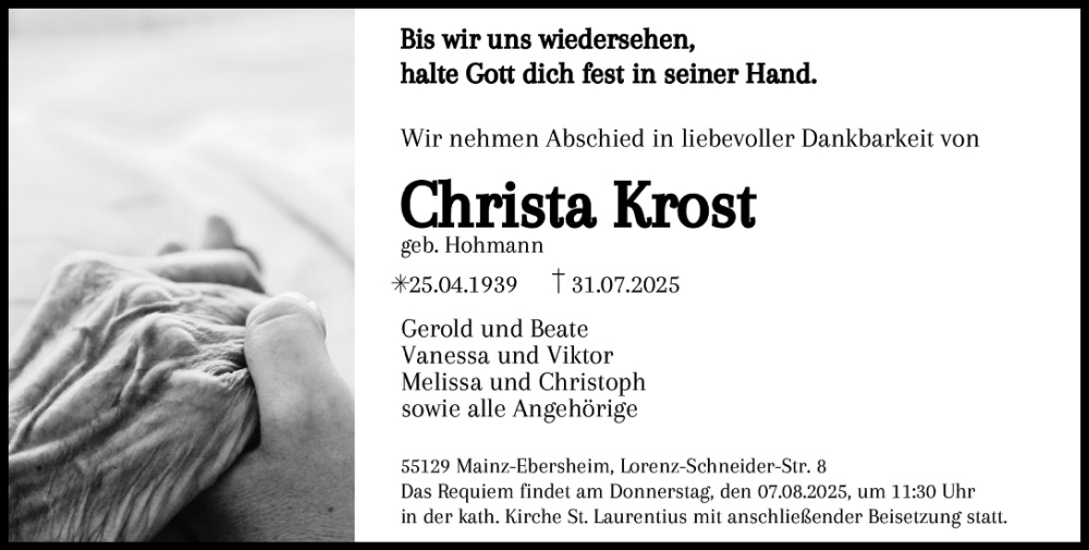  Traueranzeige für Christa Krost vom 04.08.2025 aus Allgemeine Zeitung Mainz