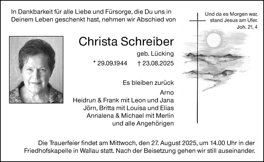  Traueranzeige für Christa Schreiber vom 26.08.2025 aus Hinterländer Anzeiger