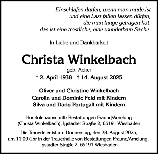 Traueranzeige von Christa Winkelbach von Wiesbadener Kurier