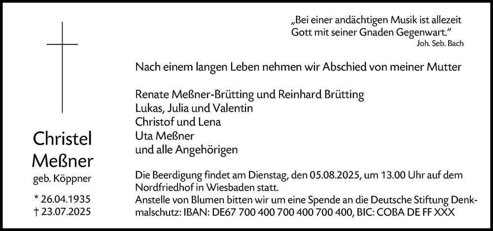  Traueranzeige für Christel Meßner vom 02.08.2025 aus Wiesbadener Kurier