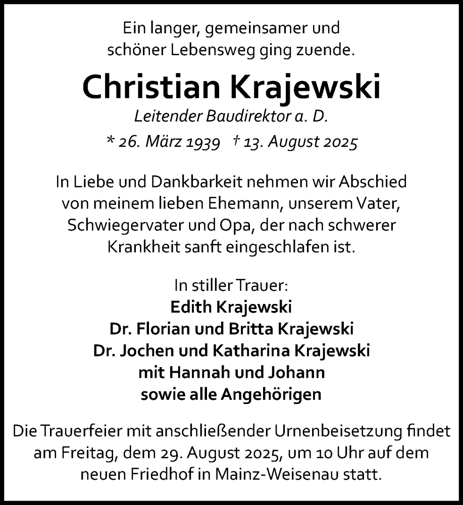  Traueranzeige für Christian Krajewski vom 23.08.2025 aus Allgemeine Zeitung Mainz