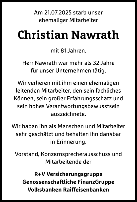 Traueranzeige von Christian Nawrath von Wiesbadener Kurier