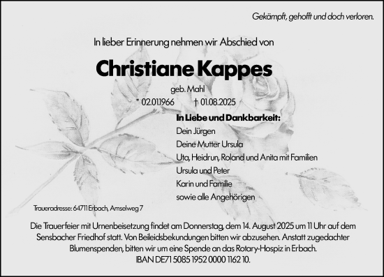 Traueranzeige von Christiane Kappes von Odenwälder Echo