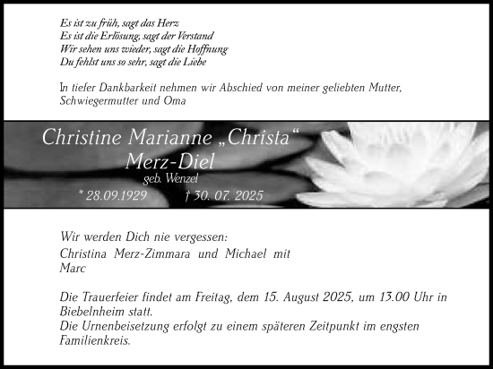 Traueranzeige von Christine Marianne  Merz-Diel von Groß-Gerauer Echo