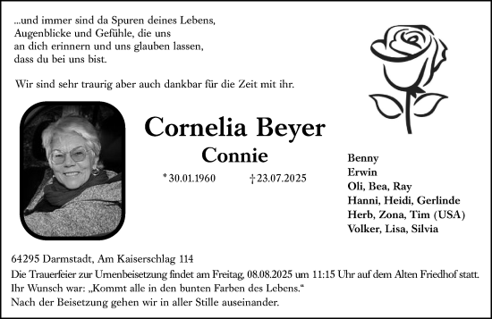 Traueranzeige von Cornelia Beyer von Darmstädter Echo