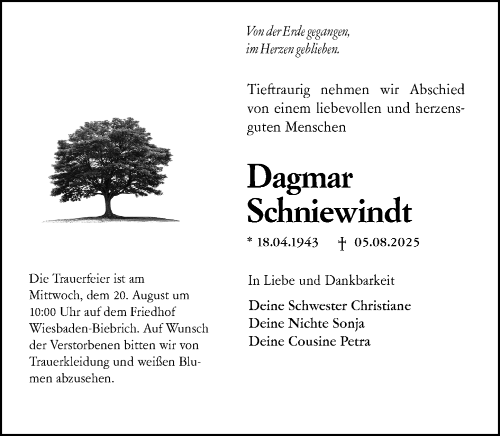  Traueranzeige für Dagmar Schniewindt vom 16.08.2025 aus Wiesbadener Kurier