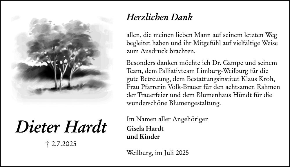  Traueranzeige für Dieter Hardt vom 02.08.2025 aus Weilburger Tageblatt
