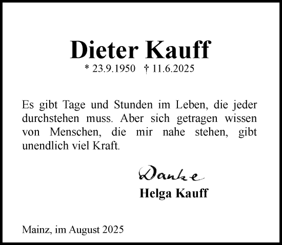 Traueranzeige von Dieter Kauff von Allgemeine Zeitung Mainz