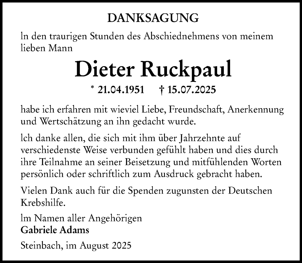  Traueranzeige für Dieter Ruckpaul vom 16.08.2025 aus Wormser Zeitung