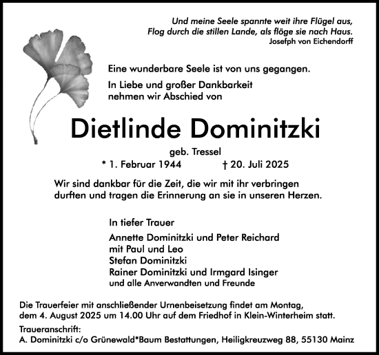 Traueranzeige von Dietlinde Dominitzki von Allgemeine Zeitung Mainz