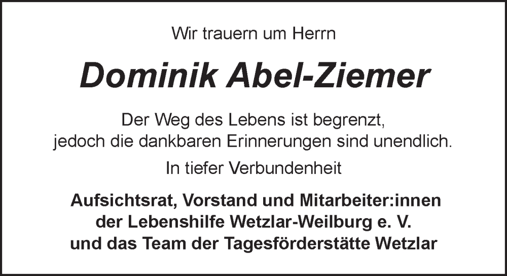  Traueranzeige für Dominik Abel-Ziemer vom 16.08.2025 aus Weilburger Tageblatt